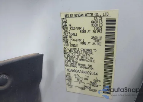 2004 Nissan Titan Se z USA, uszkodzony, nr VIN 1N6AA06A94N509544